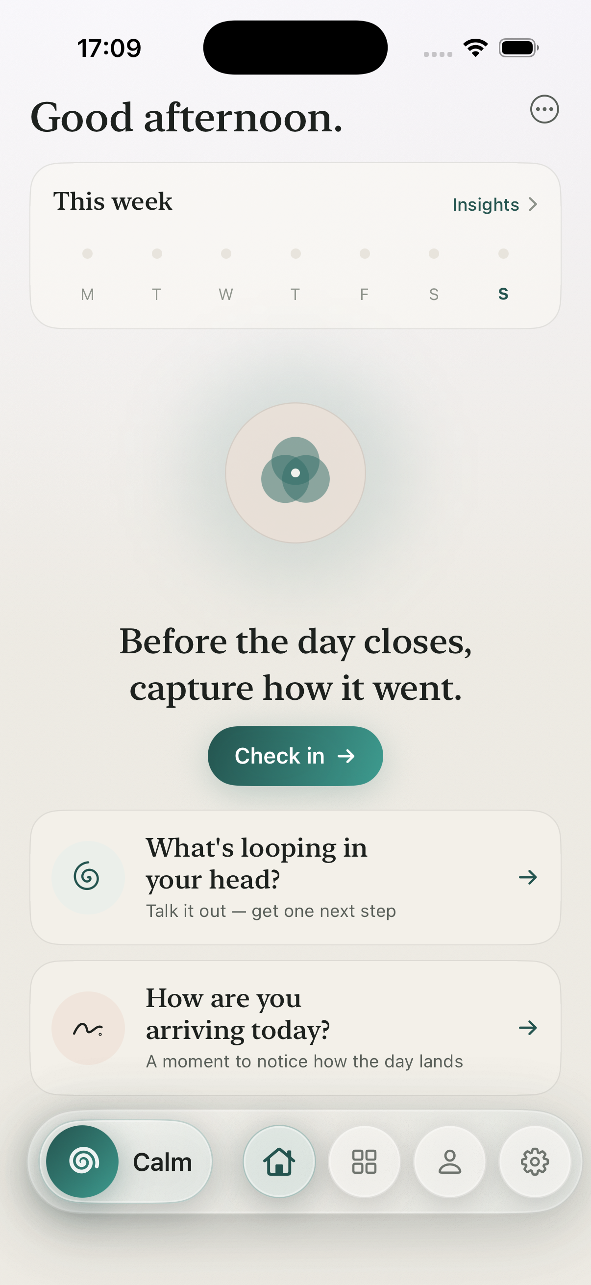 The Unspiral home screen, with a check-in prompt and a calm action always in reach