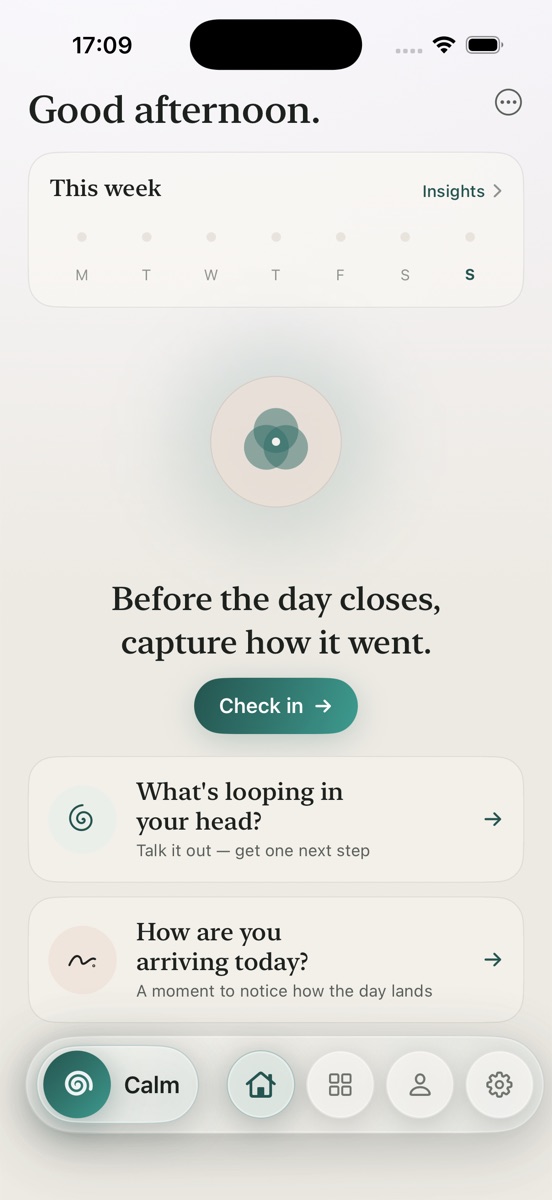 Unspiral home screen with check-in, reflection, Calm Now, and weekly insight actions