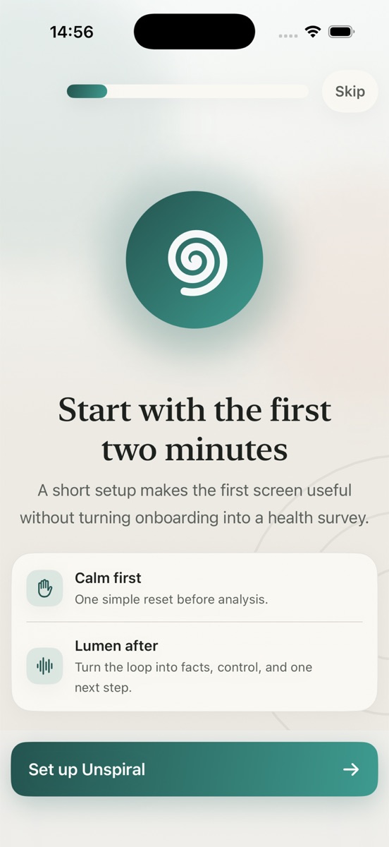 Unspiral onboarding screen introducing the Calm first and Lumen after flow